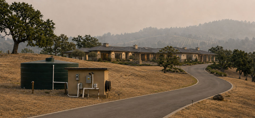 Water tank and pump house on a hillside estate with smoke haze, part of a residential wildfire protection system