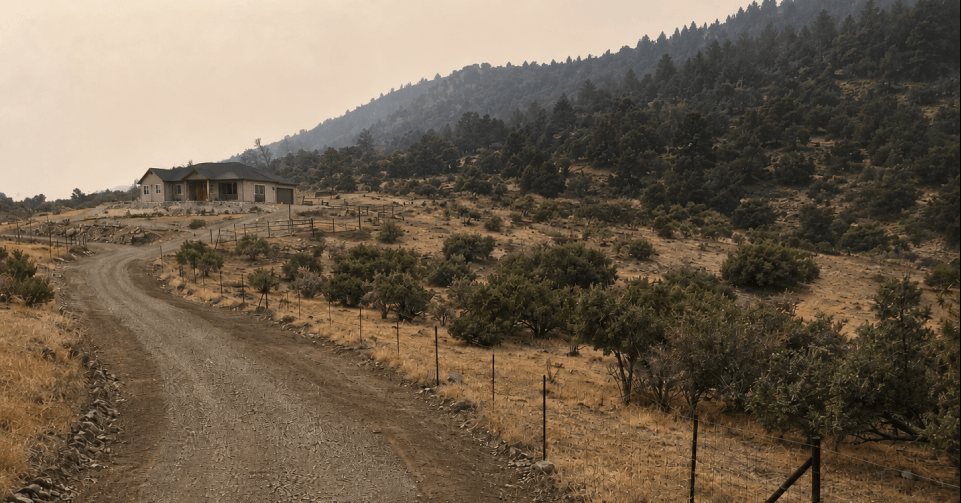 A rural driveway cut through dry brush on a sloping property under hazy wildfire smoke light